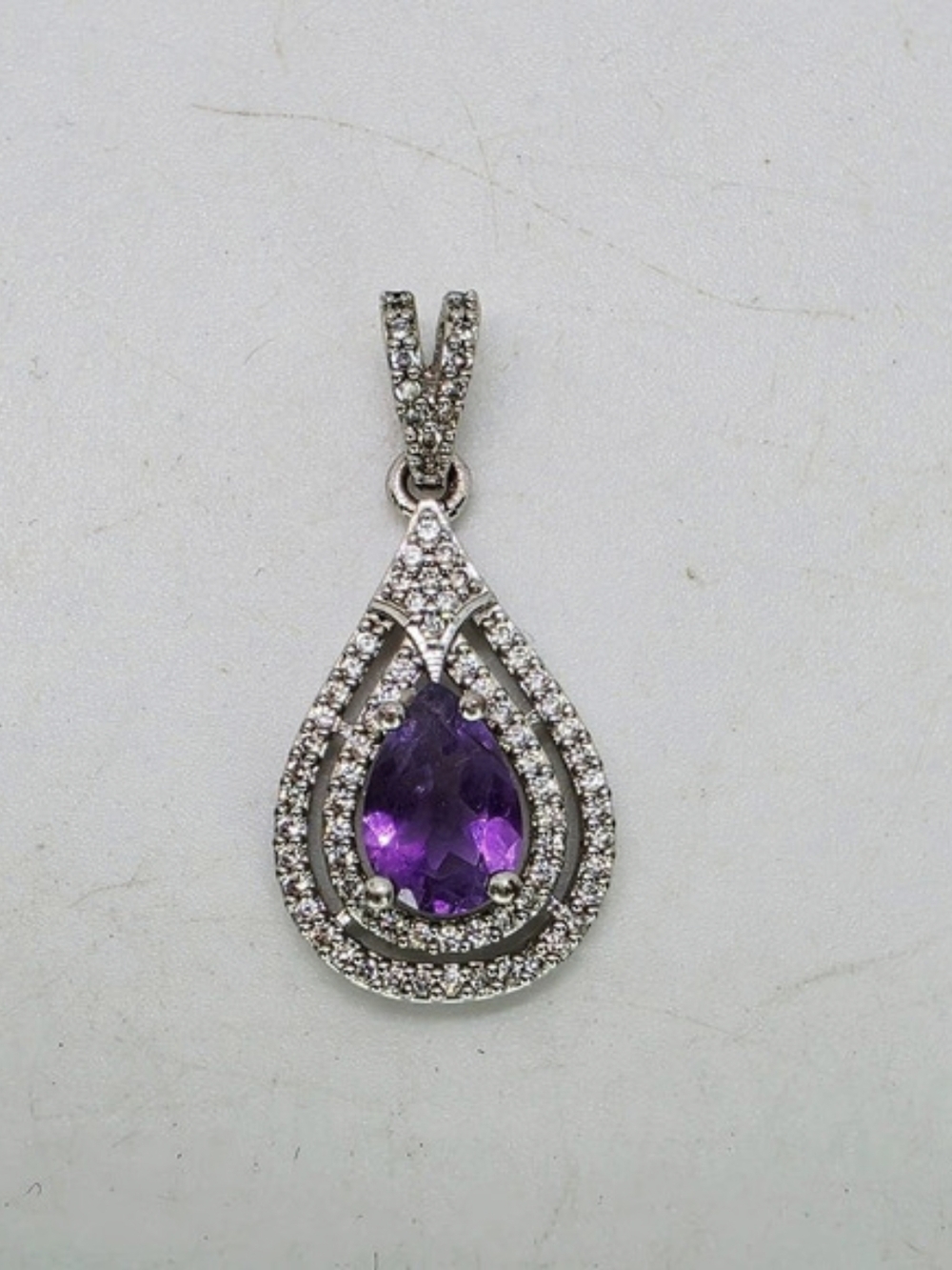 Vintage Silver Plate Simulated Amethyst Cz Double Halo Teardrop Pendant Necklace